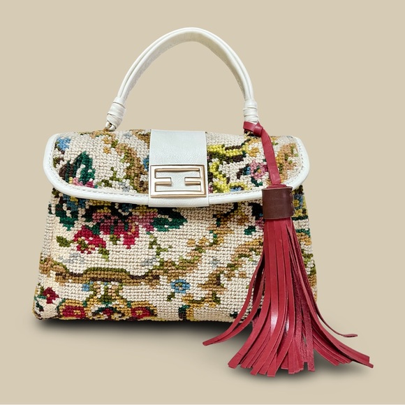 Floral Carpetbag Tapestry Handbag with Chain Strap Vintage Needlepoint Purse